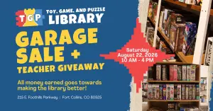Garage Sale and Teacher Giveaway in yellow lettering on a blue background.